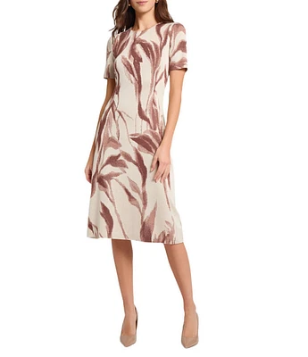 MISOOK Botanical Jacquard Soft Knit Round Neck Short Sleeve A-Line Midi Dress