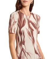 MISOOK Botanical Jacquard Soft Knit Round Neck Short Sleeve A-Line Midi Dress