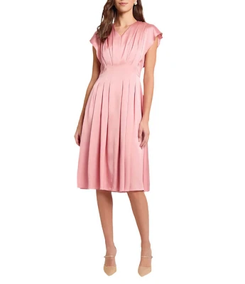 MISOOK Charmeuse Crepe De Chine V-Neck Flutter Sleeve Fit-And-Flare Midi Dress