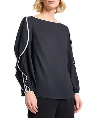 MISOOK Contrast Trim Crepe Boat Neck Butterfly Sleeve Blouse