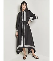 MISOOK Cotton Blend Lace Trim Point Collar Long Sleeve Button Front Midi Shirt Dress