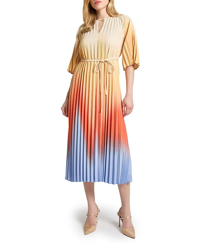 MISOOK Crepe De Chine Ombre Pleated Keyhole Neck Elbow Flutter Sleeve Dress