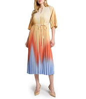 MISOOK Crepe De Chine Ombre Pleated Keyhole Neck Elbow Flutter Sleeve Dress