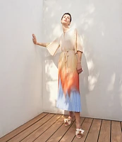 MISOOK Crepe De Chine Ombre Pleated Keyhole Neck Elbow Flutter Sleeve Dress