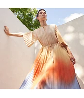 MISOOK Crepe De Chine Ombre Pleated Keyhole Neck Elbow Flutter Sleeve Dress