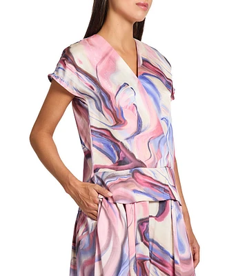 MISOOK Crepe De Shine Watercolor V-Neck Short Sleeve Blouse