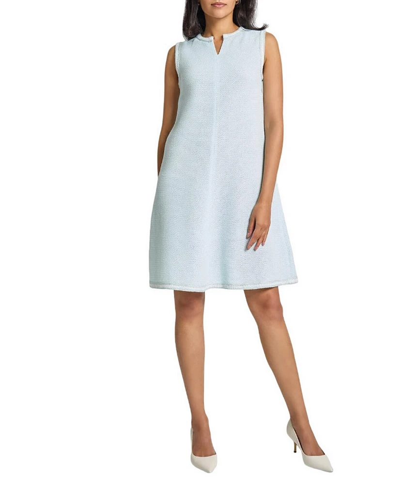 MISOOK Crochet Trim Tweed Knit Split V-Neck Sleeveless A-Line Dress