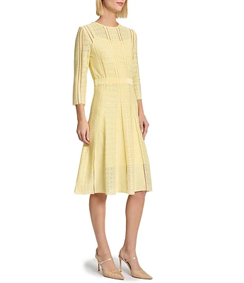 MISOOK Diamond Pointelle Knit Round Neck 3/4 Sleeve Dress