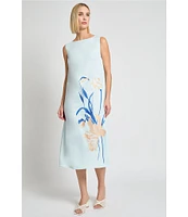MISOOK Embroidered Crepe Boat Neck Sleeveless Dress