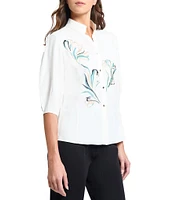 MISOOK Floral Embroidered Crepe De Chine Stand Collar Elbow Puff Sleeve Blouse