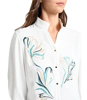 MISOOK Floral Embroidered Crepe De Chine Stand Collar Elbow Puff Sleeve Blouse