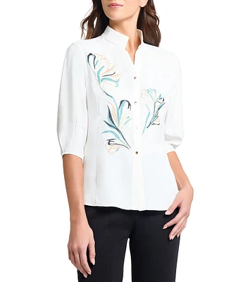 MISOOK Floral Embroidered Crepe De Chine Stand Collar Elbow Puff Sleeve Blouse