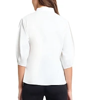 MISOOK Floral Embroidered Crepe De Chine Stand Collar Elbow Puff Sleeve Blouse
