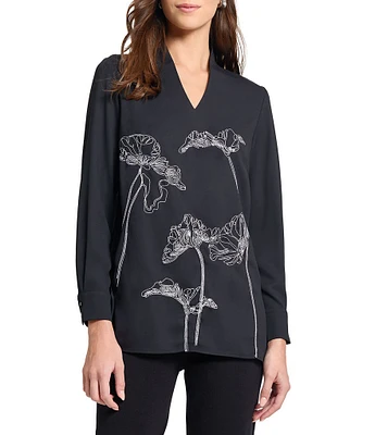 MISOOK Floral Embroidered Crepe De Chine V-Neck Long Sleeve Tunic