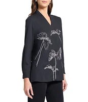MISOOK Floral Embroidered Crepe De Chine V-Neck Long Sleeve Tunic