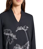 MISOOK Floral Embroidered Crepe De Chine V-Neck Long Sleeve Tunic