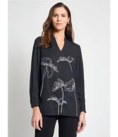 MISOOK Floral Embroidered Crepe De Chine V-Neck Long Sleeve Tunic