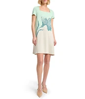 MISOOK Floral Jacquard Knit Square Neck Short Sleeve A-Line Dress