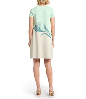 MISOOK Floral Jacquard Knit Square Neck Short Sleeve A-Line Dress