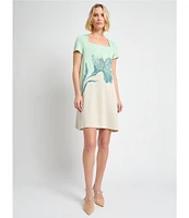 MISOOK Floral Jacquard Knit Square Neck Short Sleeve A-Line Dress