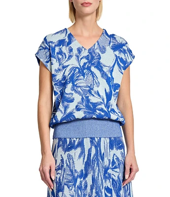 MISOOK Floral Jacquard Knit V-Neck Cap Sleeve Top