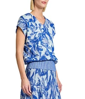 MISOOK Floral Jacquard Knit V-Neck Cap Sleeve Top