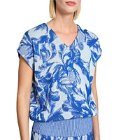 MISOOK Floral Jacquard Knit V-Neck Cap Sleeve Top