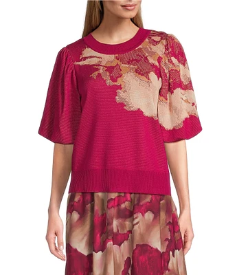 MISOOK Floral Print Jacquard Knit Round Neck Elbow Sleeve Top