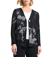 MISOOK Floral Sheer Striped Soft Knit V-Neck Long Sleeve Jacket