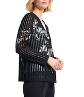 MISOOK Floral Sheer Striped Soft Knit V-Neck Long Sleeve Jacket