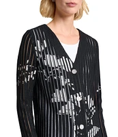 MISOOK Floral Sheer Striped Soft Knit V-Neck Long Sleeve Jacket