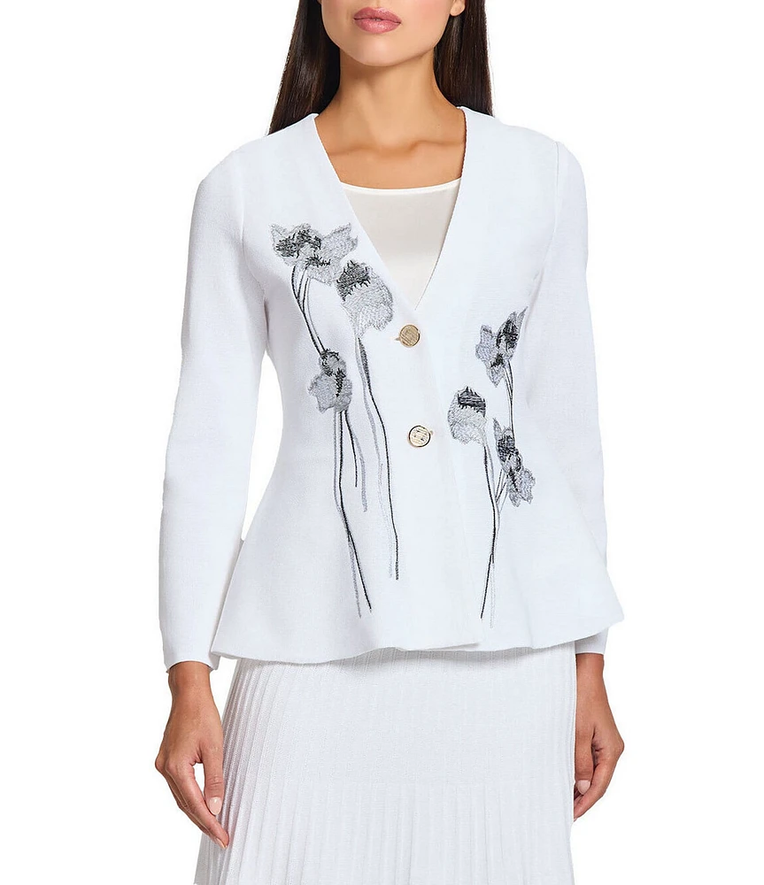 MISOOK Knit Floral Embroidery V-Neck Long Sleeve Peplum Jacket