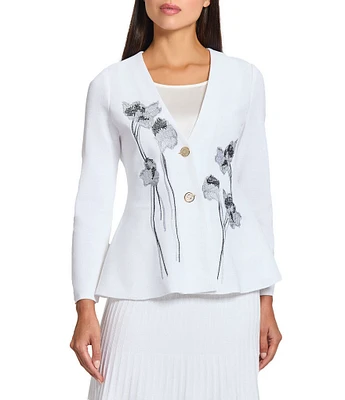 MISOOK Knit Floral Embroidery V-Neck Long Sleeve Peplum Jacket