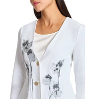 MISOOK Knit Floral Embroidery V-Neck Long Sleeve Peplum Jacket