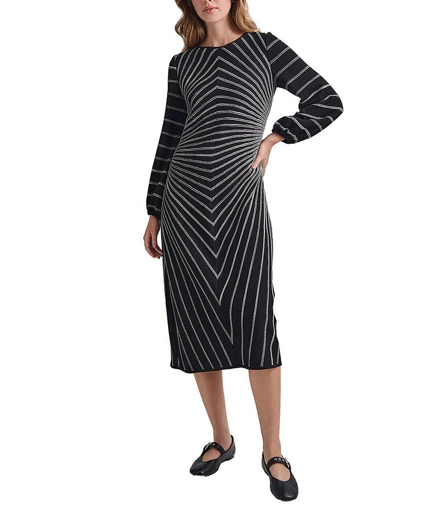 MISOOK Knit Melange Stripe Boat Neck Long Sleeve Midi Dress