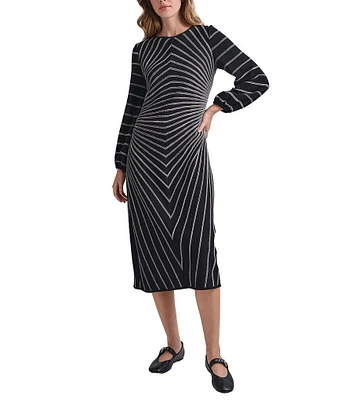 MISOOK Knit Melange Stripe Boat Neck Long Sleeve Midi Dress