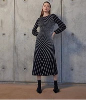 MISOOK Knit Melange Stripe Boat Neck Long Sleeve Midi Dress