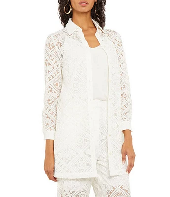 MISOOK Lace Woven Point Collar Long Sleeve Button-Front Jacket