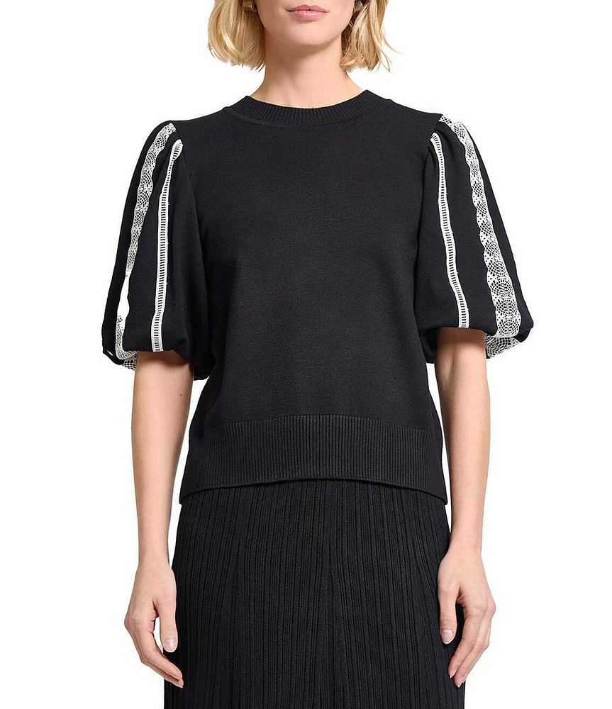 MISOOK Mixed Media Round Neck Lace Short Puff Sleeve Top