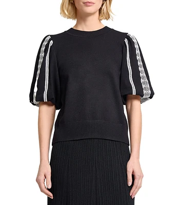 MISOOK Mixed Media Round Neck Lace Short Puff Sleeve Top