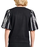 MISOOK Mixed Media Round Neck Lace Short Puff Sleeve Top