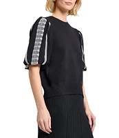 MISOOK Mixed Media Round Neck Lace Short Puff Sleeve Top