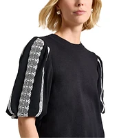 MISOOK Mixed Media Round Neck Lace Short Puff Sleeve Top