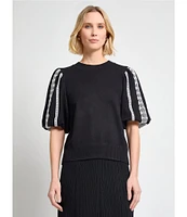 MISOOK Mixed Media Round Neck Lace Short Puff Sleeve Top