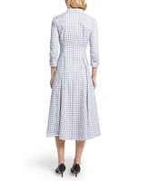 MISOOK Plaid Print Mandarin Split V-Neck 3/4 Sleeve Fit-And-Flare Midi Dress