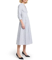 MISOOK Plaid Print Mandarin Split V-Neck 3/4 Sleeve Fit-And-Flare Midi Dress