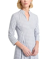 MISOOK Plaid Print Mandarin Split V-Neck 3/4 Sleeve Fit-And-Flare Midi Dress
