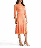MISOOK Pleated Geometric Knit Round Neck Elbow Sleeve Fit-And-Flare Dress