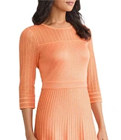 MISOOK Pleated Geometric Knit Round Neck Elbow Sleeve Fit-And-Flare Dress