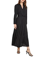 MISOOK Plisse Pleated Woven V-Neck Long Sleeve A-Line Maxi Dress